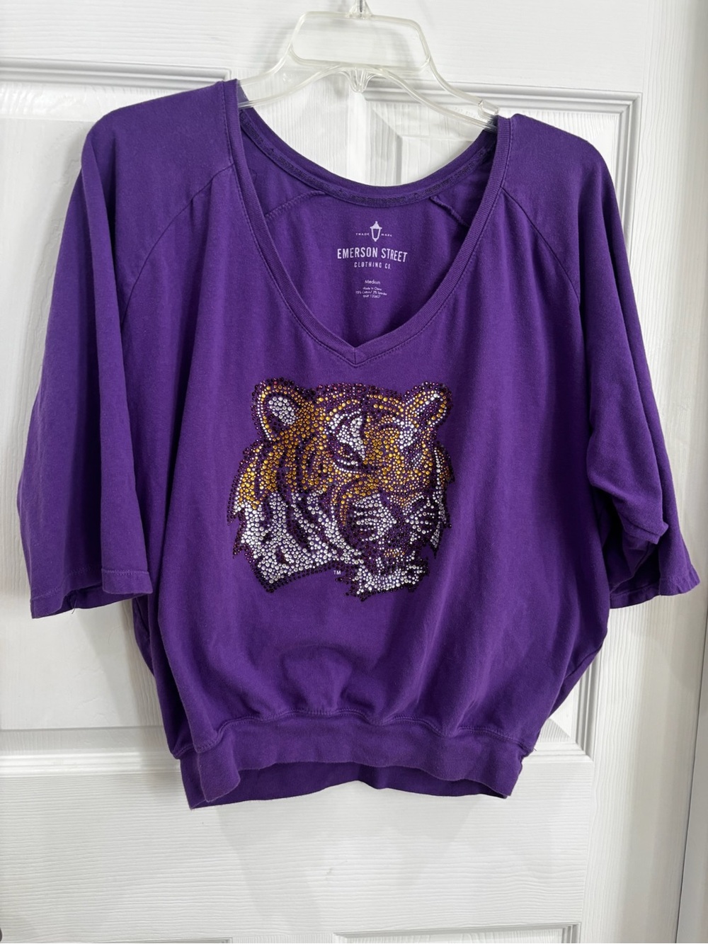 Emerson Street Purple Sequin Tiger V-Neck Short Sleeve Tee TAILGATE GAMEDAY